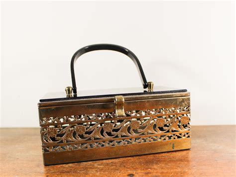 vintage metal purse box woven|1950's Metal Woven Box Purse .